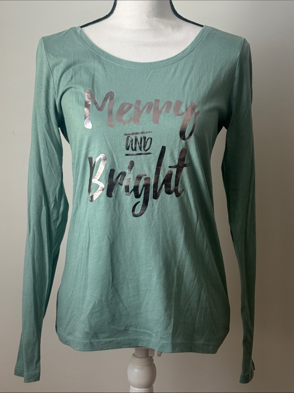 LOFT Mint Green Long Sleeve "Merry and Bright" Graphic Tee with Silver Lettering